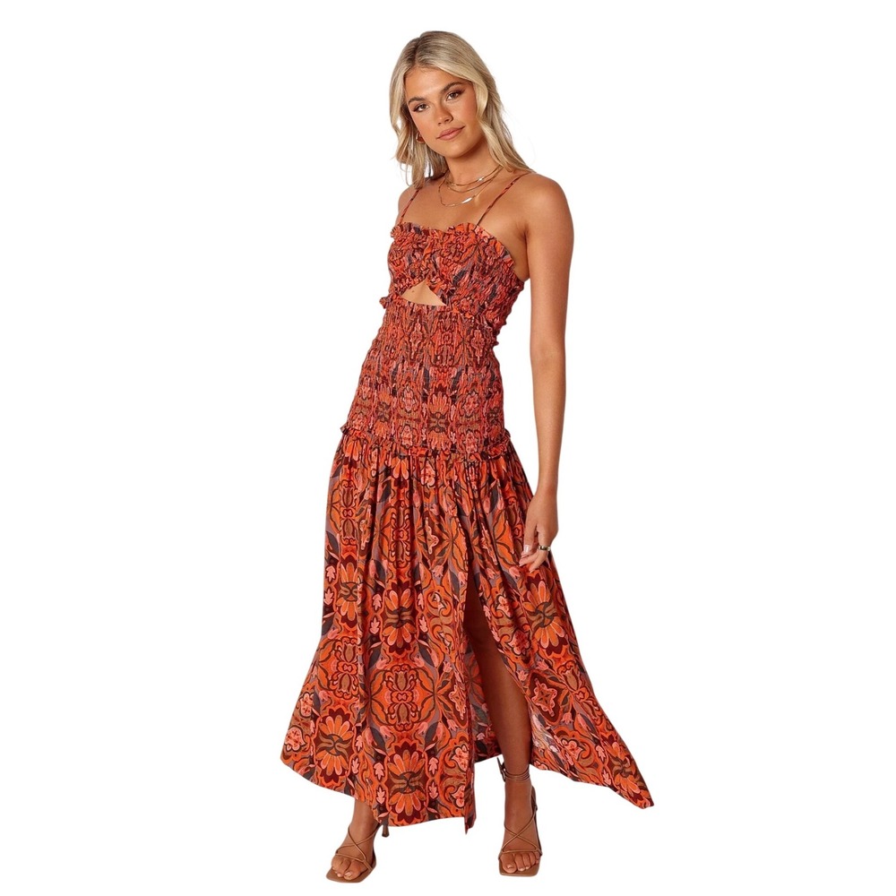 Petal + Pup Orange Floral Smocked Cutout Maxi Dress US S Retro Boho Slit